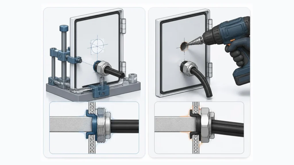 Technical illustration of modular cable transit through an enclosure wall with cables, sealing modules, a compression wedge, and spare modules