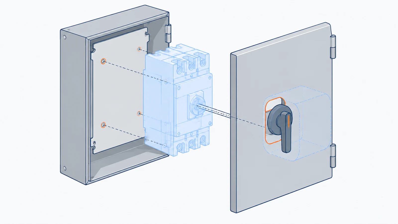 Exploded detail aligning a device mounting pattern, operating shaft, and door-mounted handle cutout.
