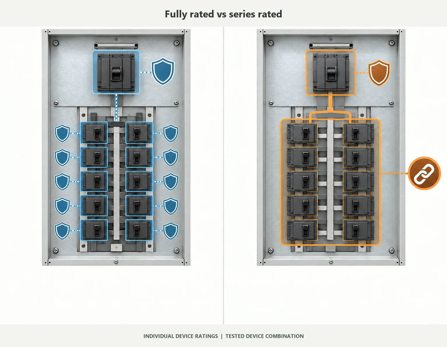 Conceptual comparison of fully rated and series-rated panelboard device arrangements