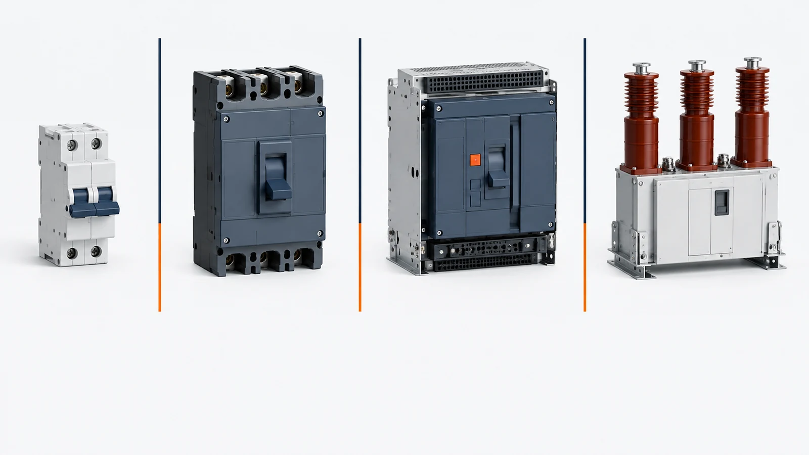 MCB, MCCB, ACB, and VCB circuit breakers shown side by side.