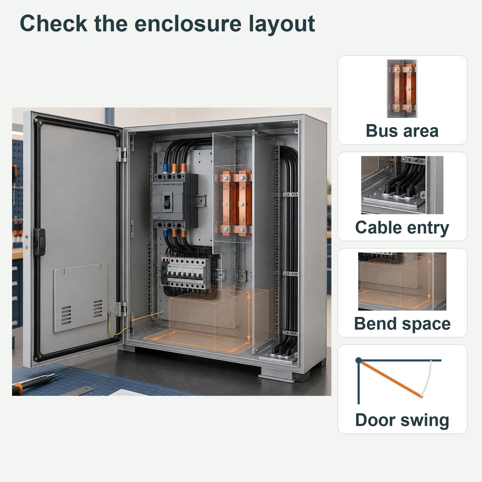 Enclosure layout with bus-area, cable-entry and bend-space detail crops from the exact same source, plus a separate door-swing icon.