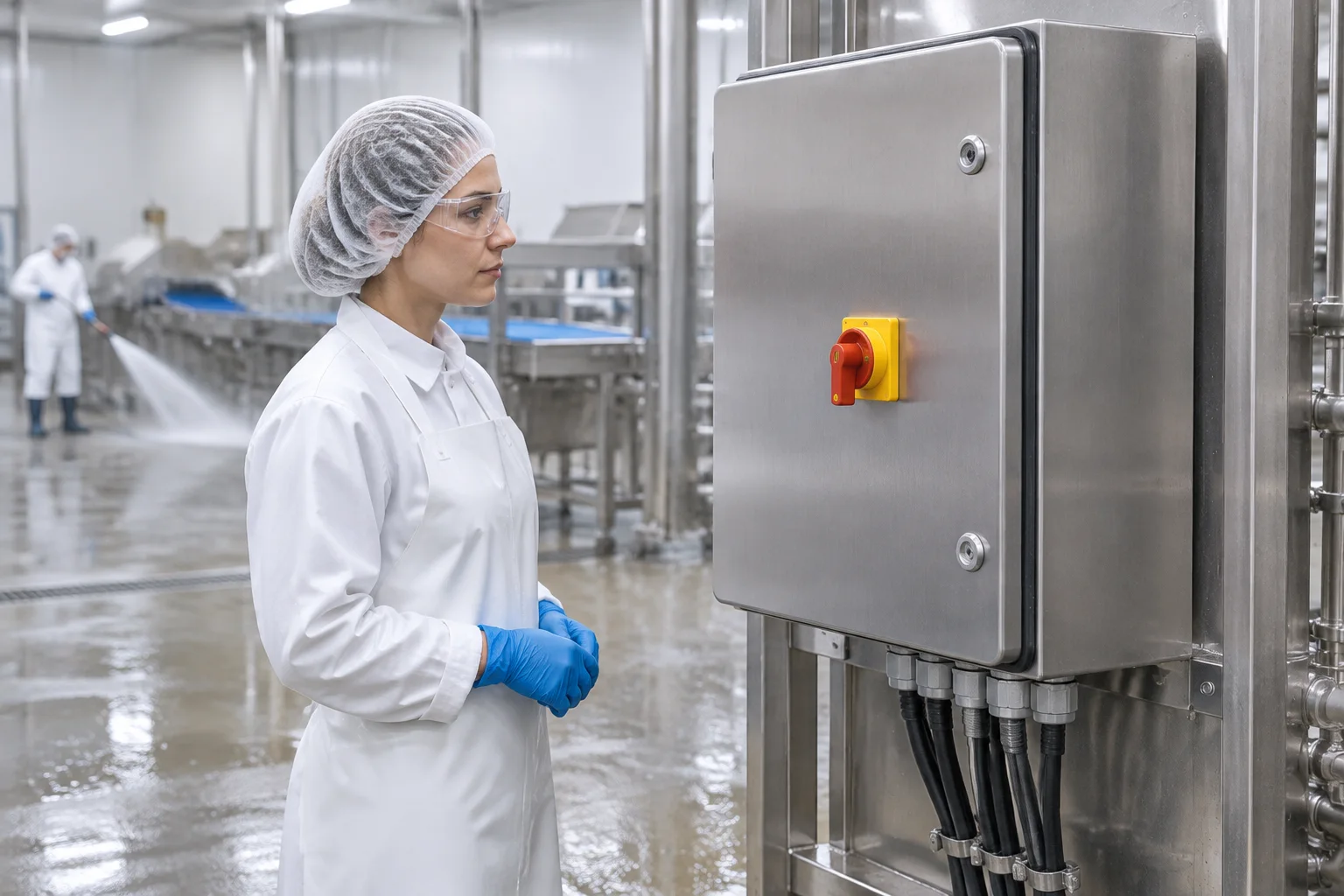 Illustration of a closed stainless-steel disconnect enclosure in a food-processing washdown environment