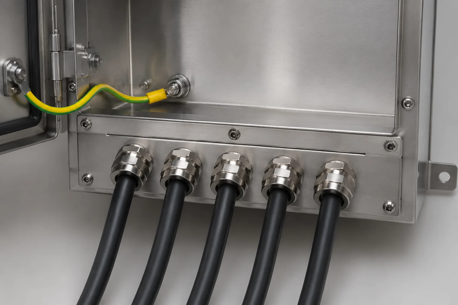 Inside view of a metal enclosure showing a bonded ground wire and five sealed cable glands in the bottom plate.