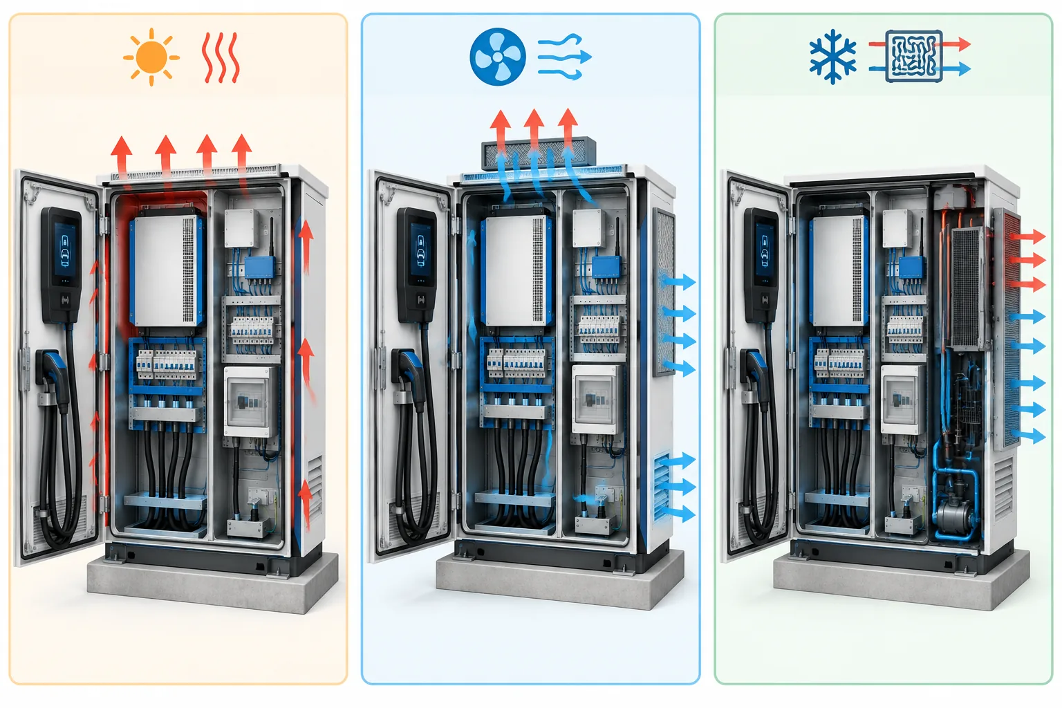 Conceptual comparison of passive, ventilated, and active enclosure cooling layouts