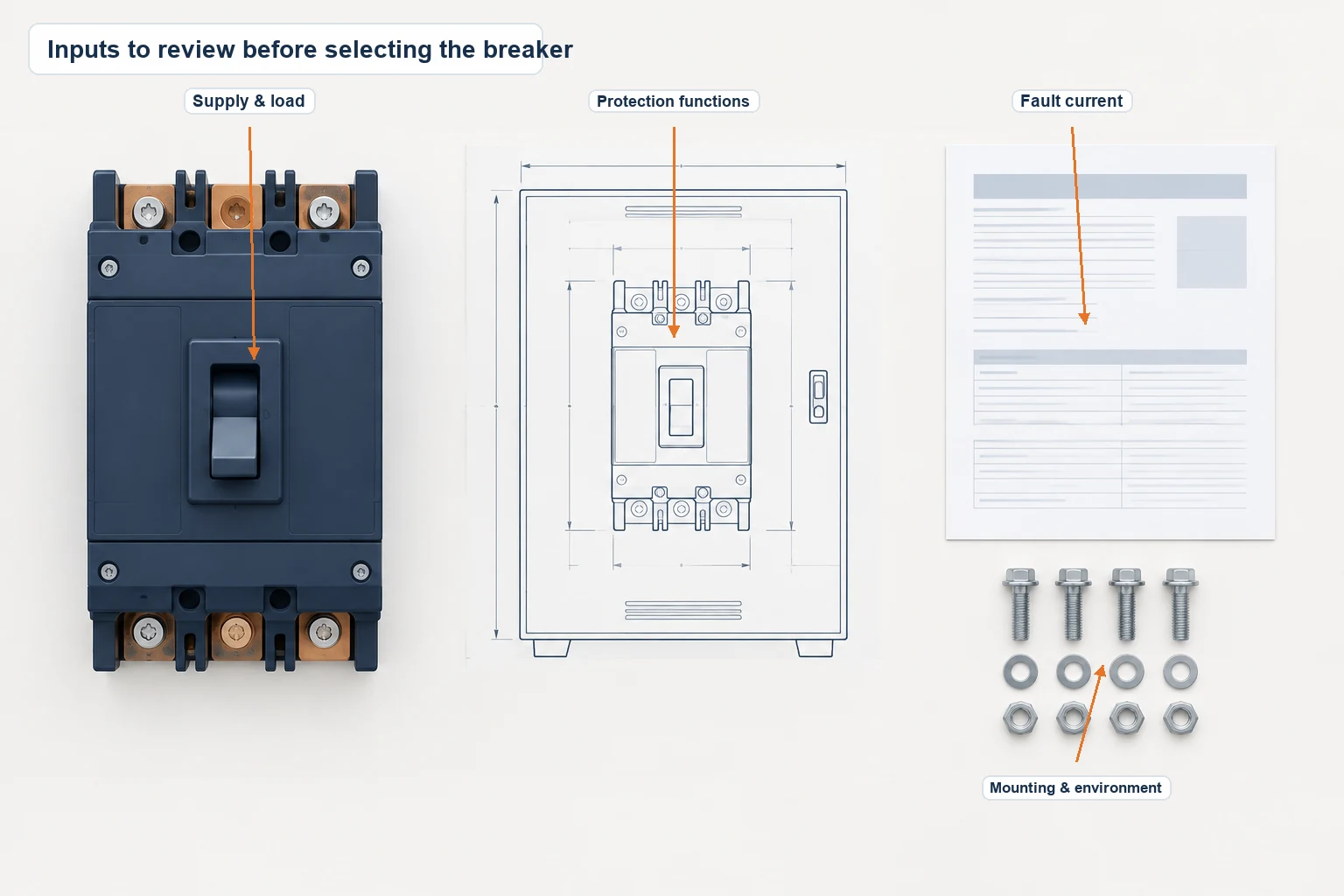 Circuit breaker, device datasheet, and enclosure layout arranged for project review.