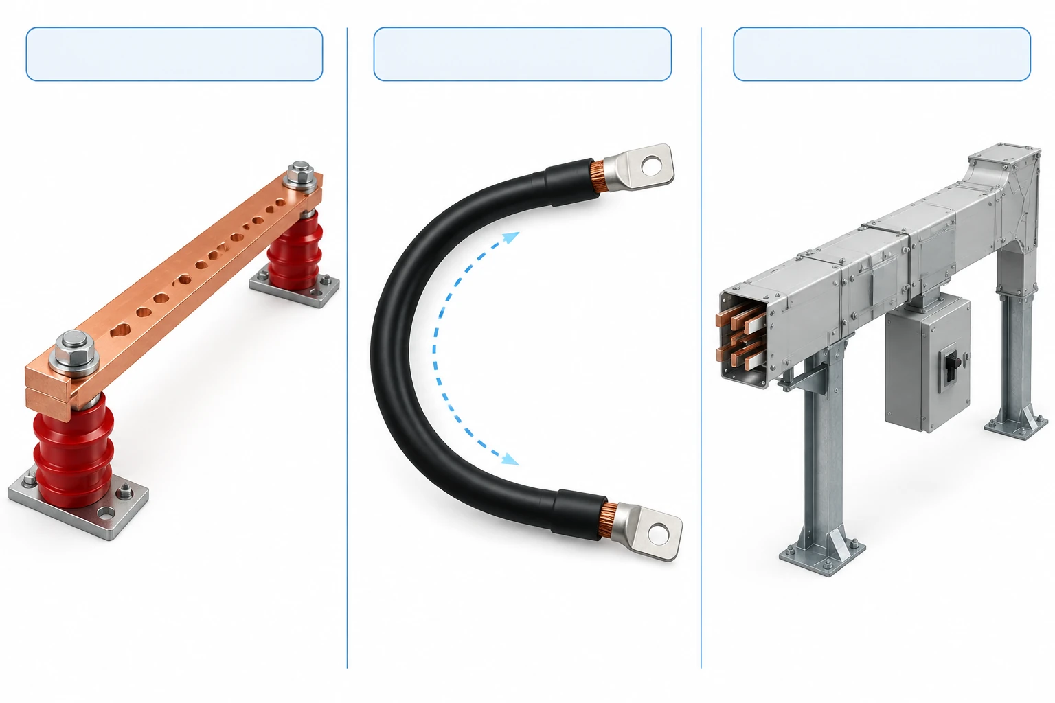 Side-by-side comparison of a rigid busbar, a flexible power cable and enclosed busway