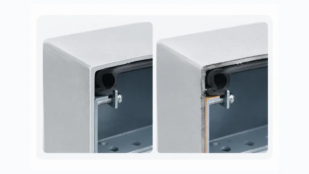 Technical illustration comparing a controlled machined enclosure hole with an oversized field-drilled hole and side-loaded cable