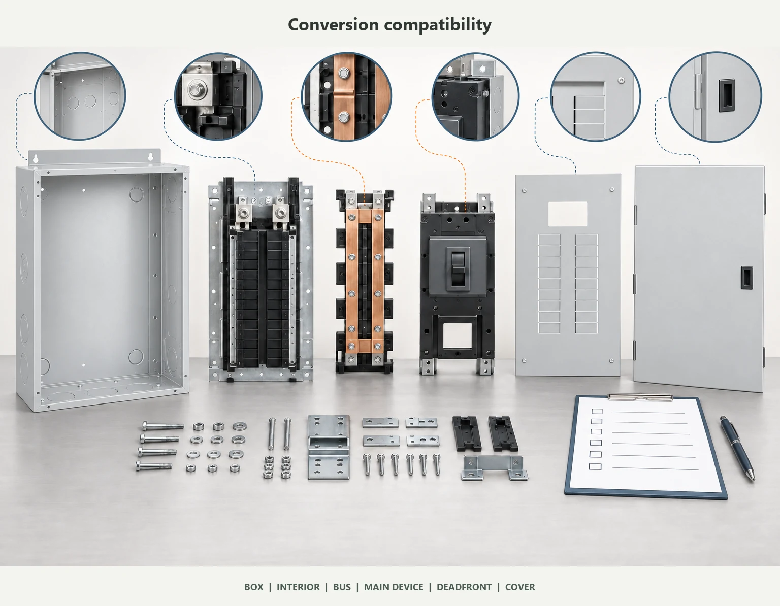Panel conversion compatibility review with enclosure box interior breaker frame and conversion kit