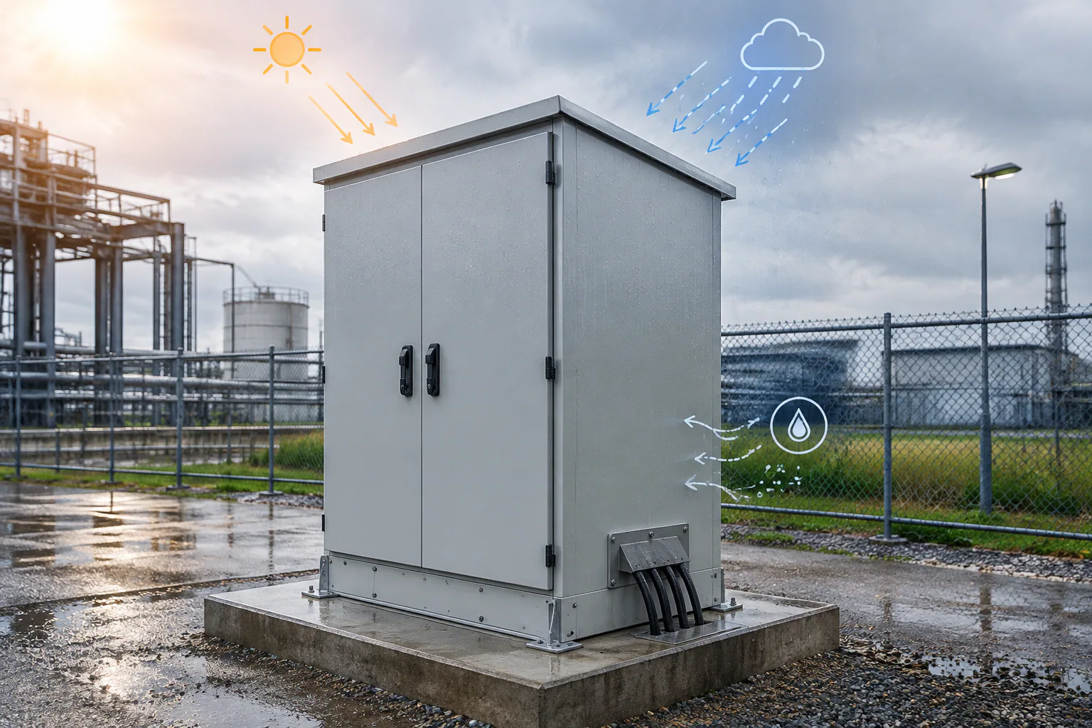 Outdoor battery cabinet with weather protection, gasketed doors and cable-entry details