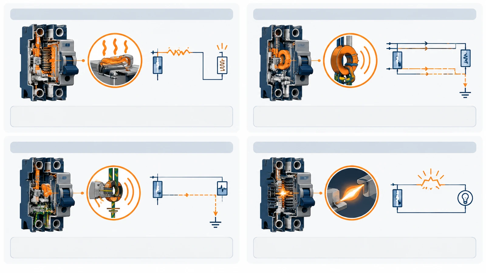 Four-panel illustration comparing overcurrent, residual-current, ground-fault, and arc-fault protection concepts.