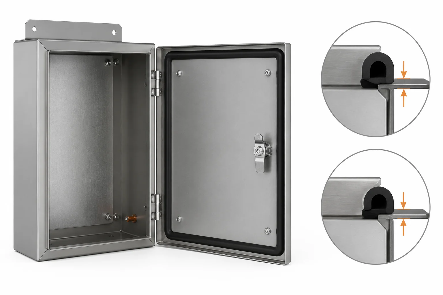 Open metal enclosure with close-up sections showing how the door gasket compresses against the enclosure flange.