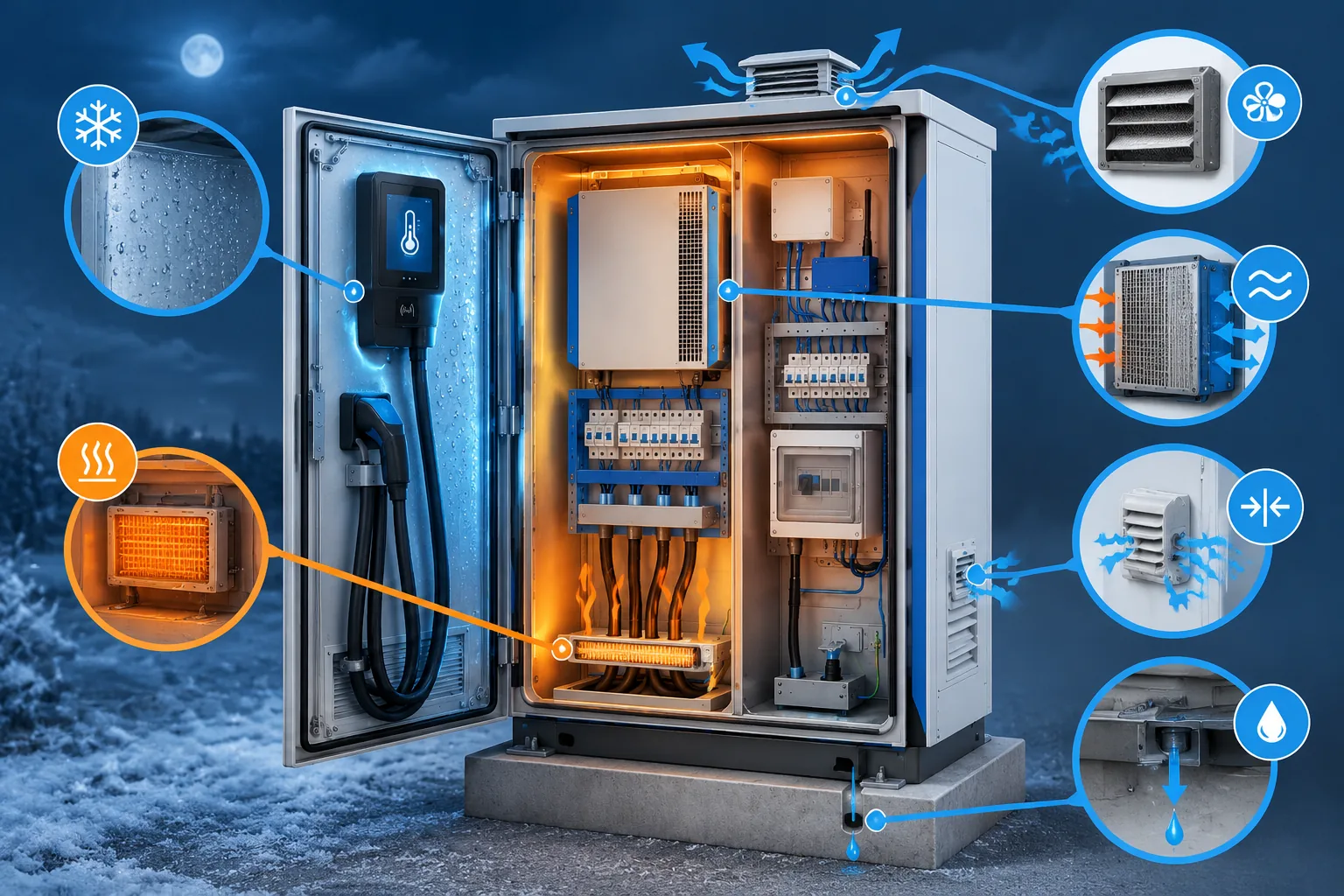 Illustration of temperature change and moisture-control options in an outdoor enclosure
