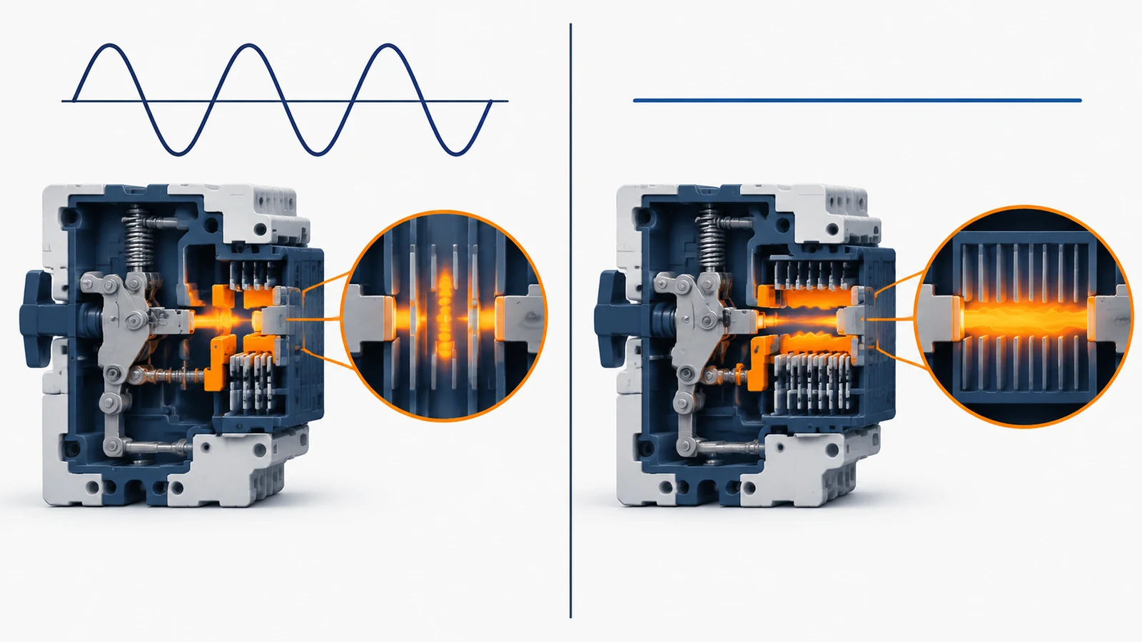 Conceptual comparison of AC and DC waveforms and circuit breaker arc interruption.