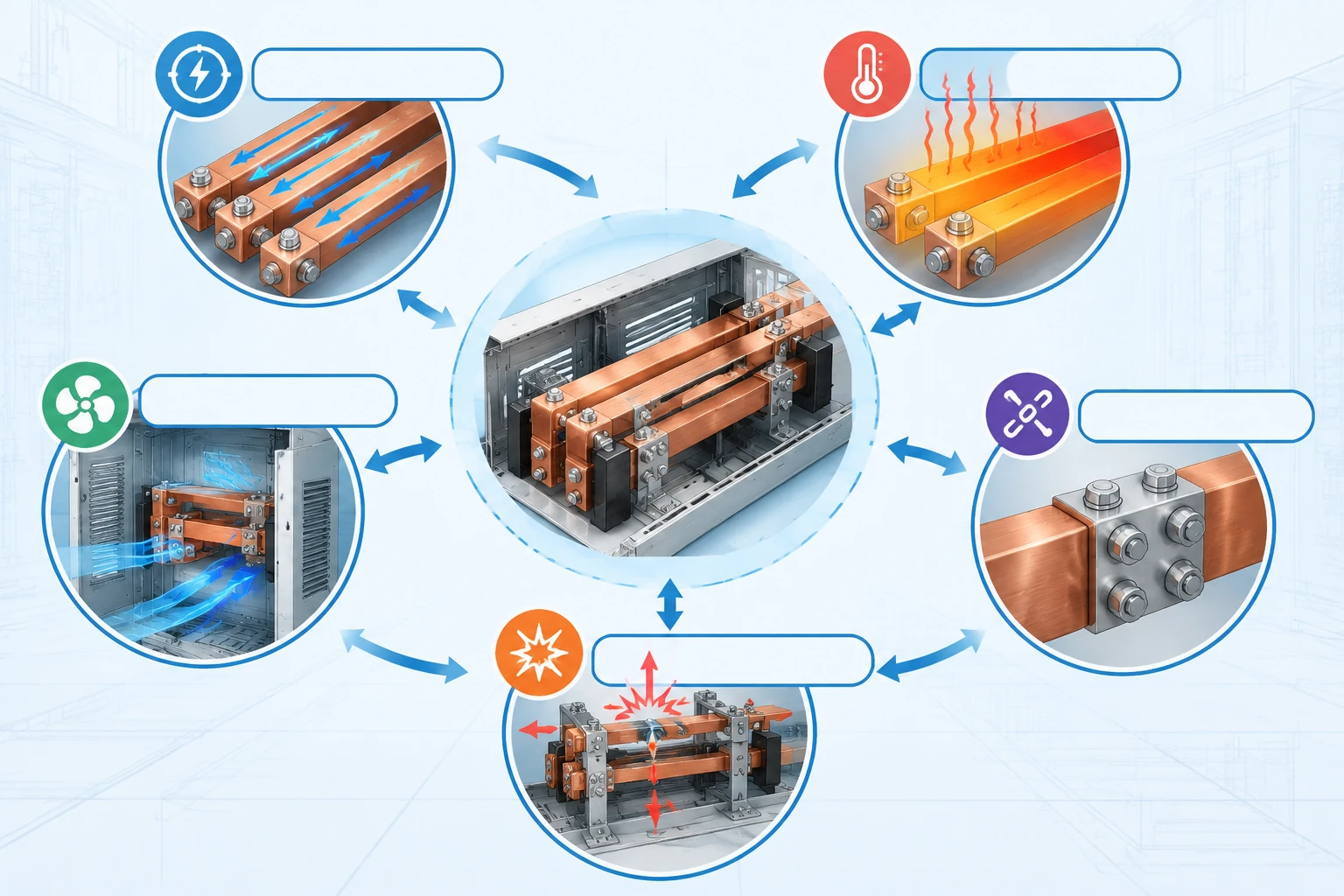 Concept diagram showing conductor layout, heat, cooling and connections around a busbar assembly