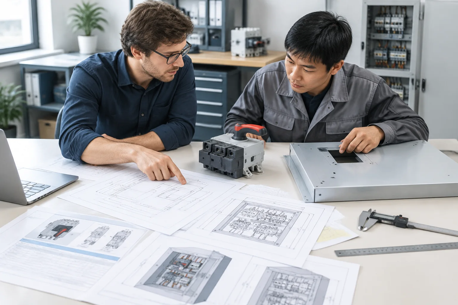 Illustration of two people reviewing disconnect specifications, an enclosure drawing, and a hardware sample