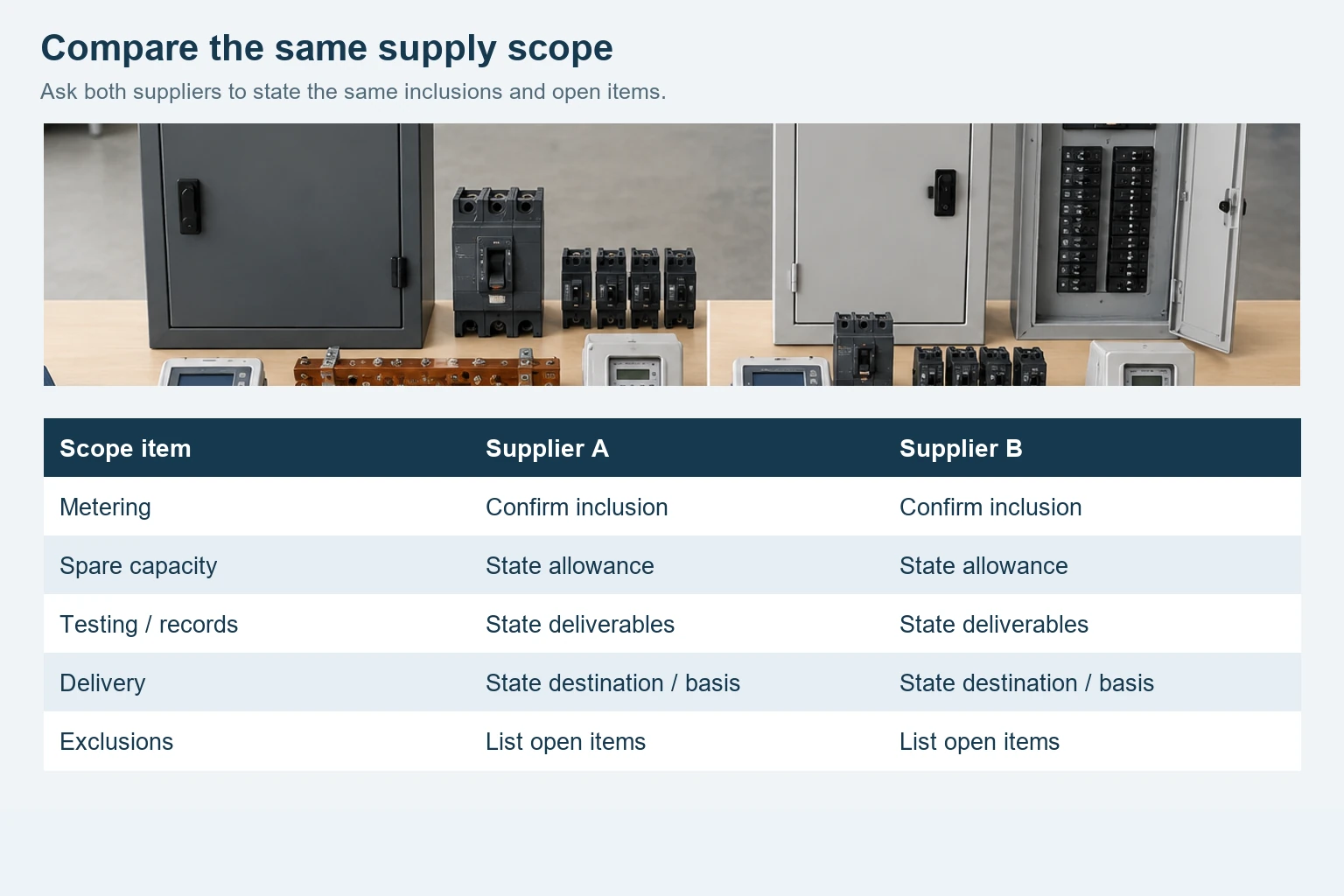 Supplier comparison worksheet covering metering, spare capacity, testing records, delivery and exclusions, with component illustrations.