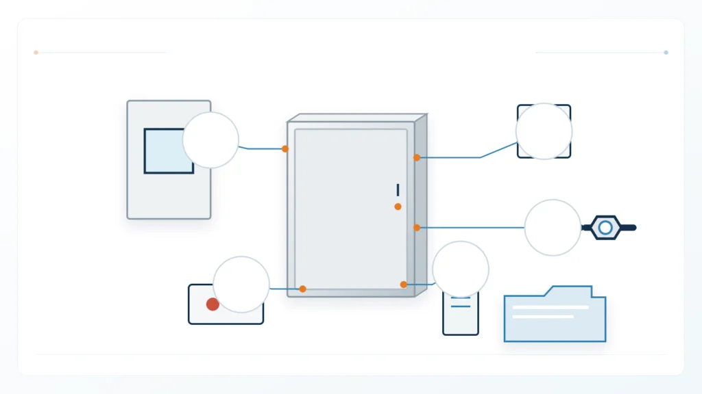 Exploded enclosure showing the seals and interfaces around cutouts and installed accessories
