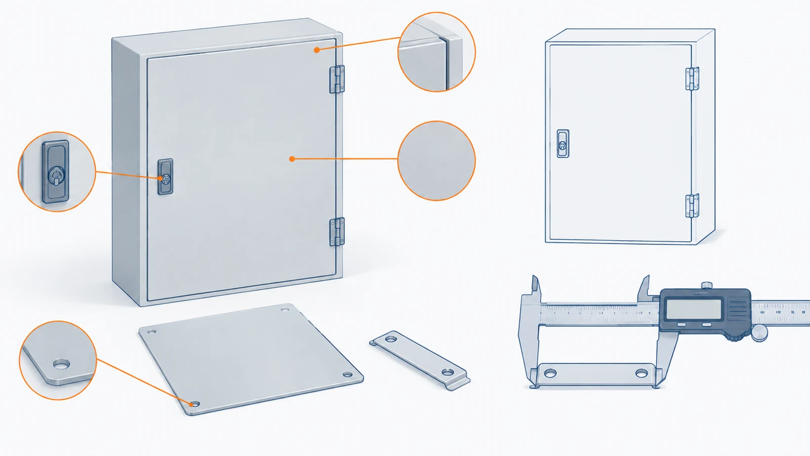 An enclosure inspection illustration showing door fit, hardware, finish, a mounting plate, and a caliper on a bracket.