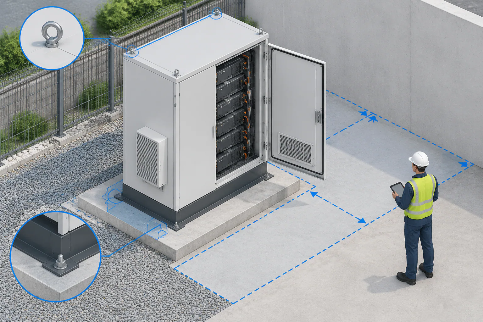 Outdoor battery cabinet mounted on a concrete pad with anchors and service access