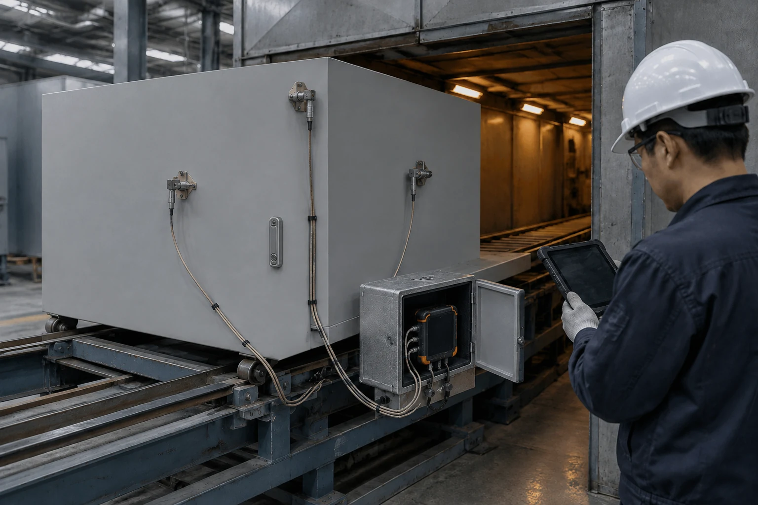 11-powder-coating-part-metal-temperature-cure Temperature probes attached to a powder-coated steel enclosure during oven cure verification
