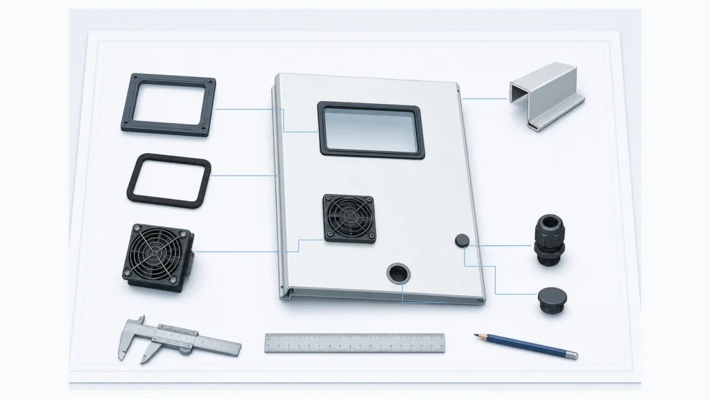 Technical illustration comparing an enclosure cutout made before finishing with a post-coating cut that leaves an exposed edge