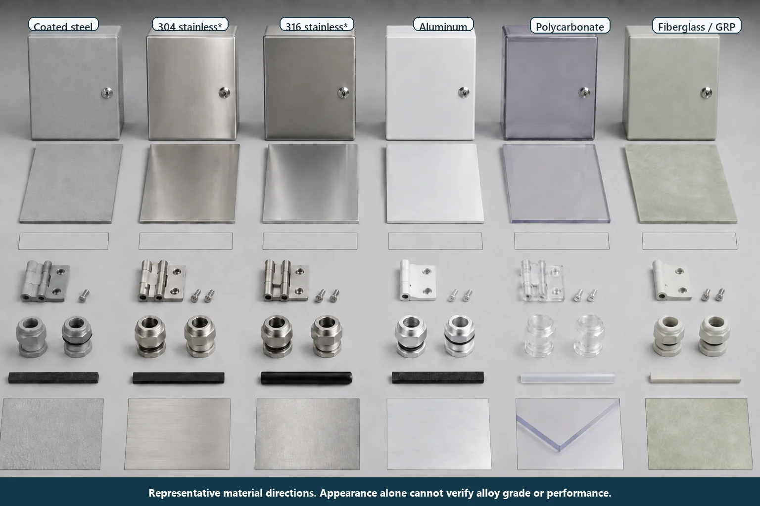 Labeled comparison of coated steel, 304 and 316 stainless steel, aluminum, polycarbonate, and fiberglass enclosure materials.
