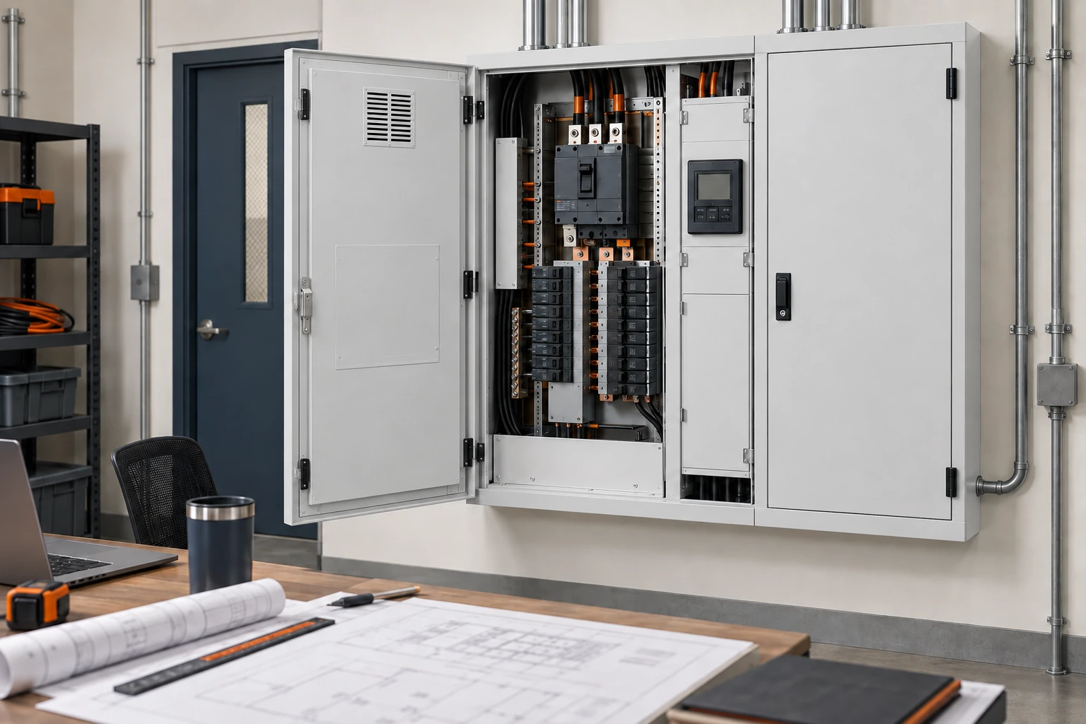 Configurable commercial panelboard with project-specific layout, feeder space and accessories.
