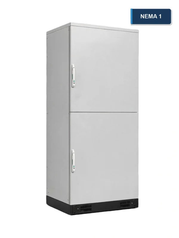 Front-left view of a tall gray NEMA 1 electrical enclosure with two access doors and a black ventilated base