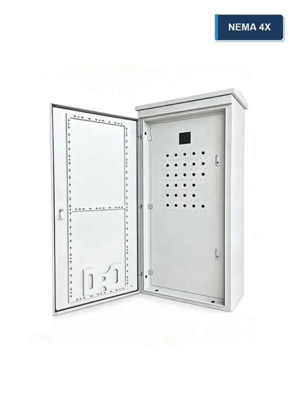 Open NEMA 4X electrical enclosure showing a gasketed outer door and an inner equipment door with control cutouts