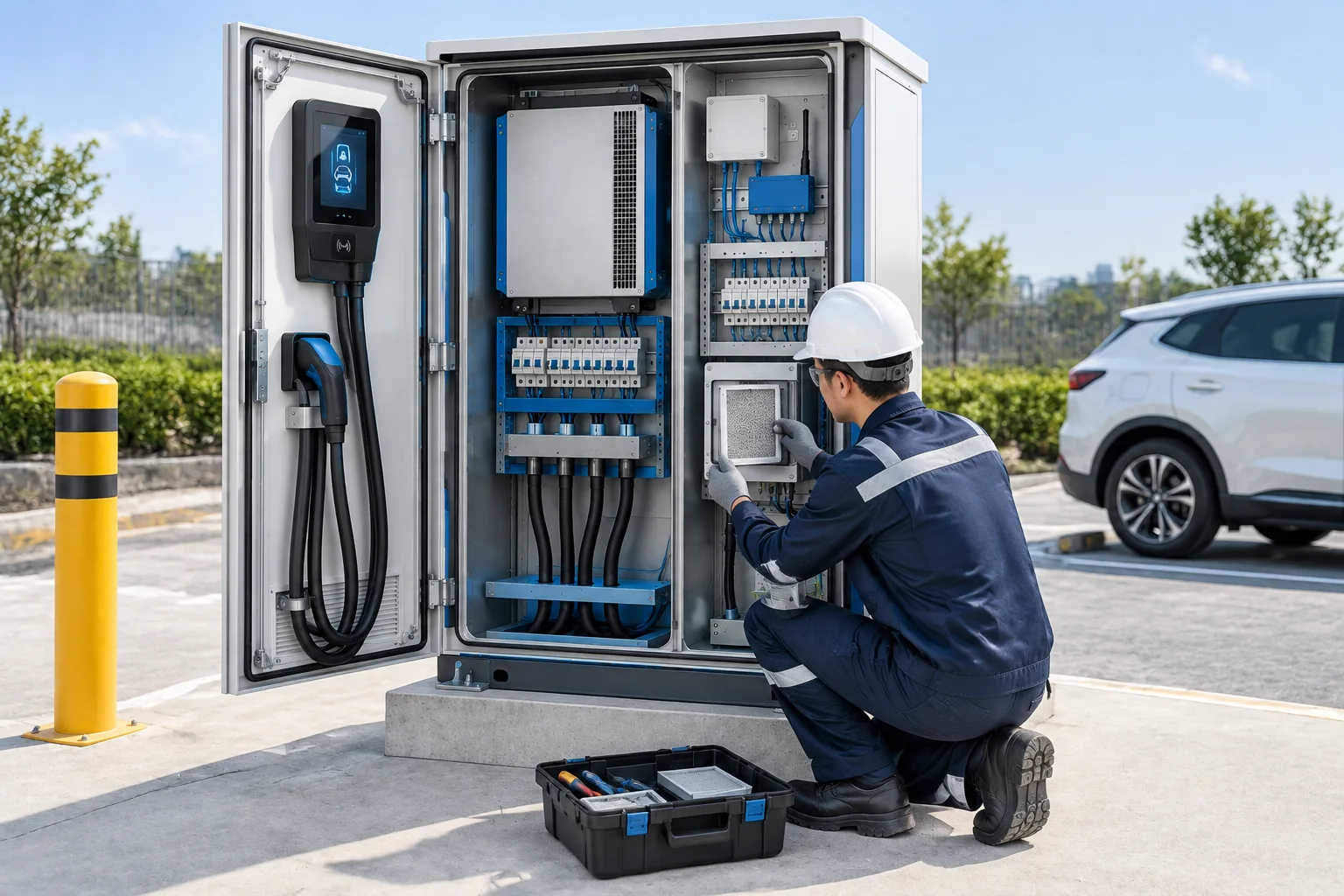 Illustration of a technician accessing an outdoor EVSE cabinet for service
