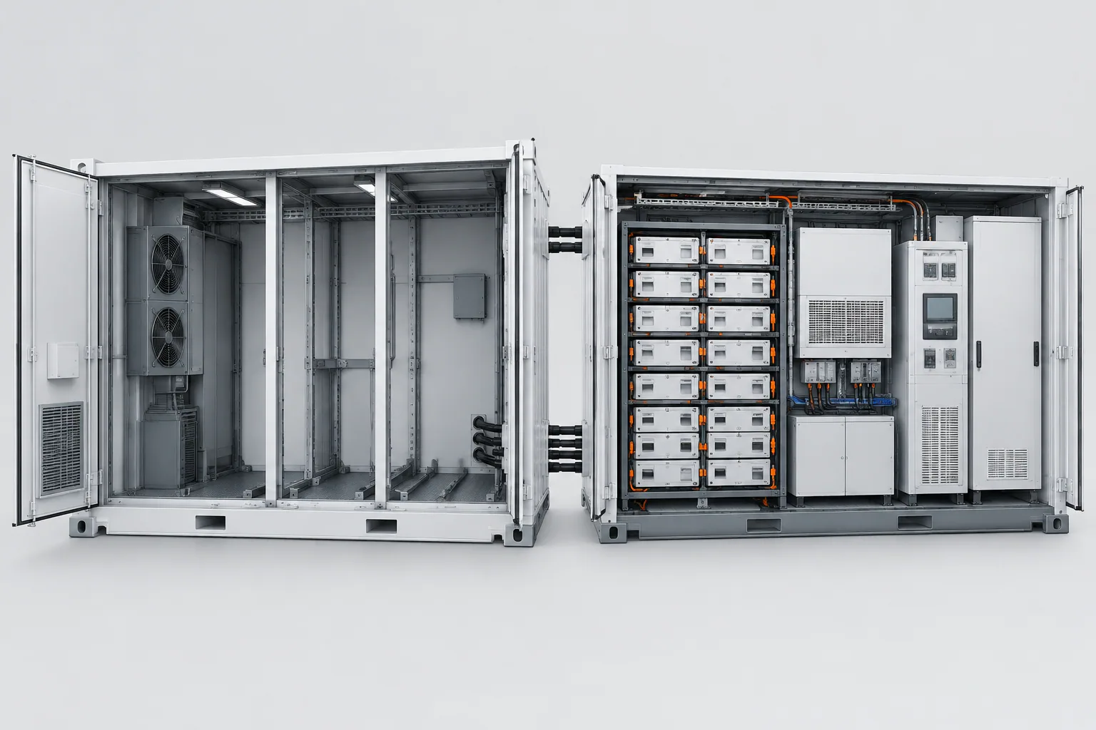 Mechanical enclosure and complete battery energy storage system shown as separate scopes