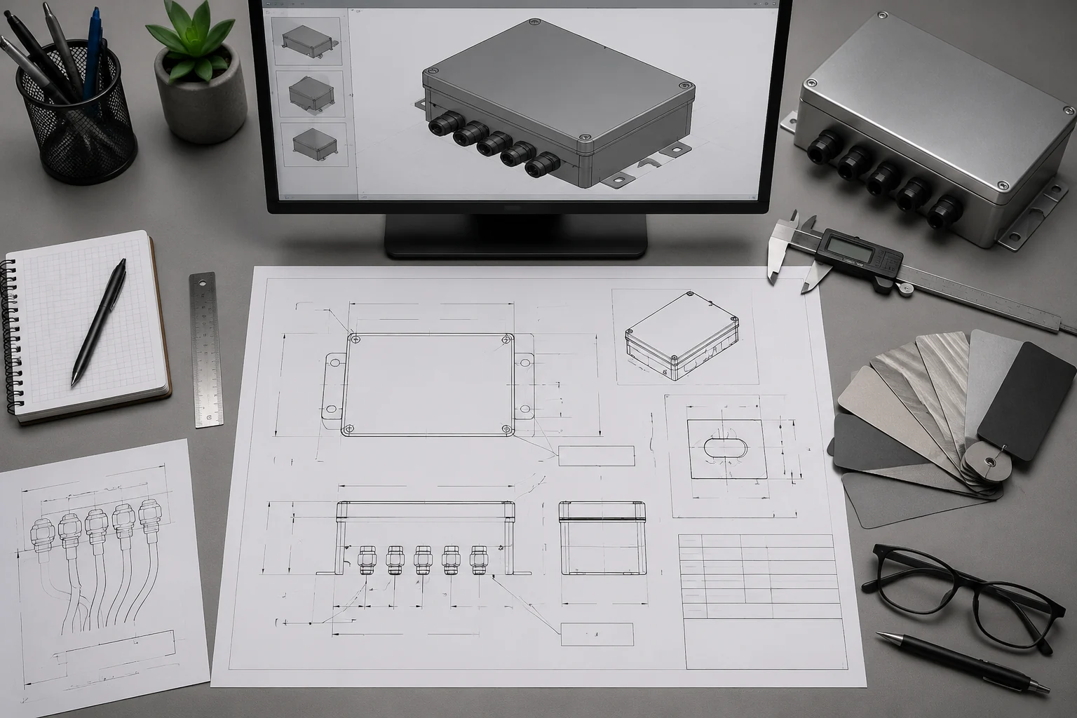 Engineering desk with enclosure drawings, CAD models, material samples, cable glands, and measuring tools for an RFQ review.