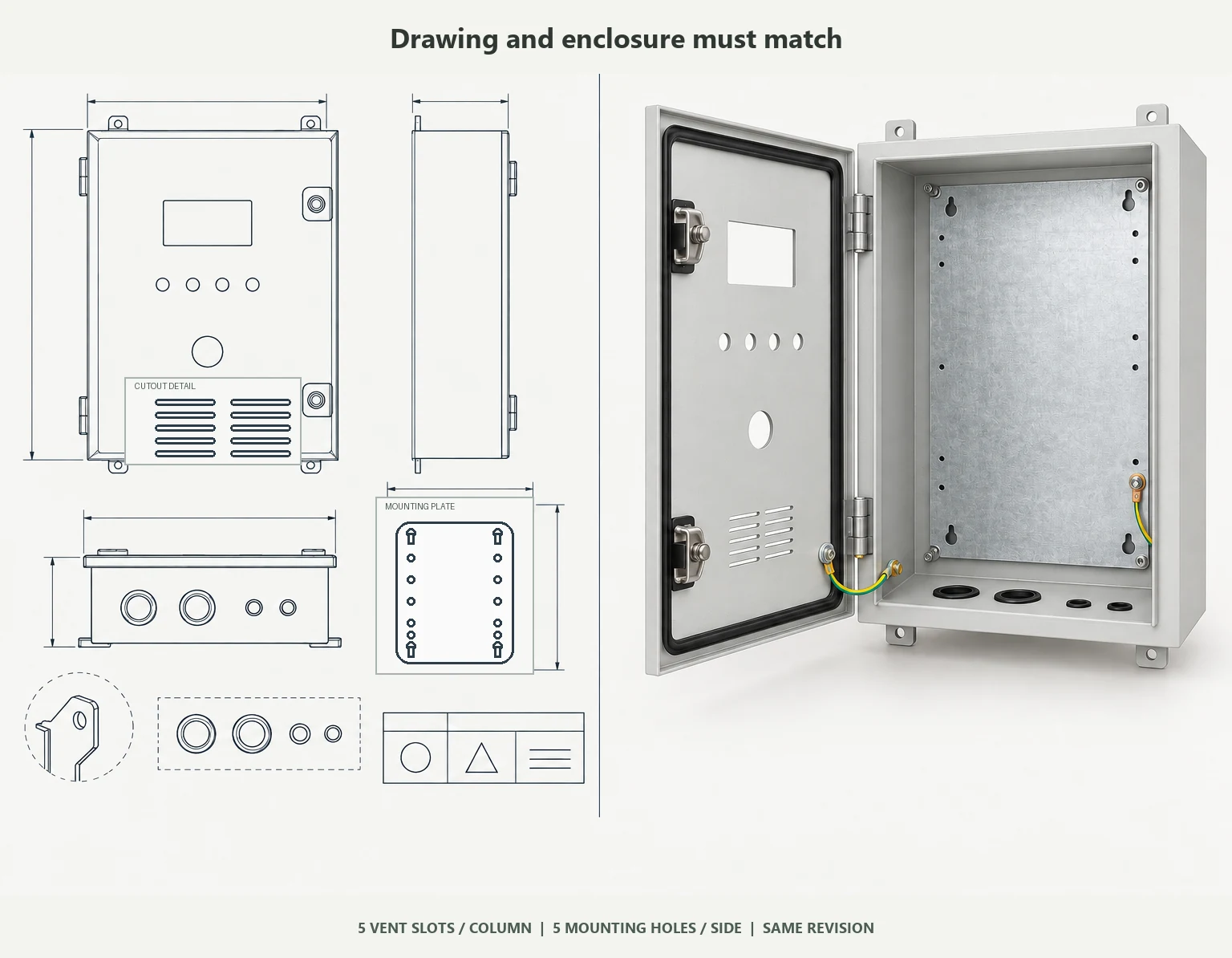 Electrical enclosure drawing and matching light-gray enclosure with five vent slots per column and five mounting holes per side
