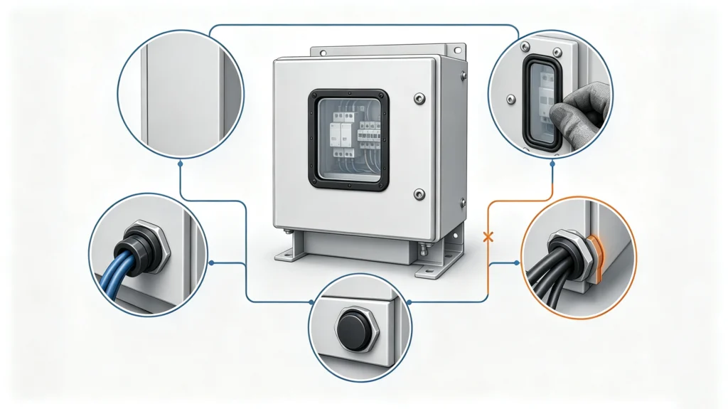 Technical illustration of a finished electrical enclosure with close-up checks for the filter, window gasket, cable gland, blanking plug, and fasteners