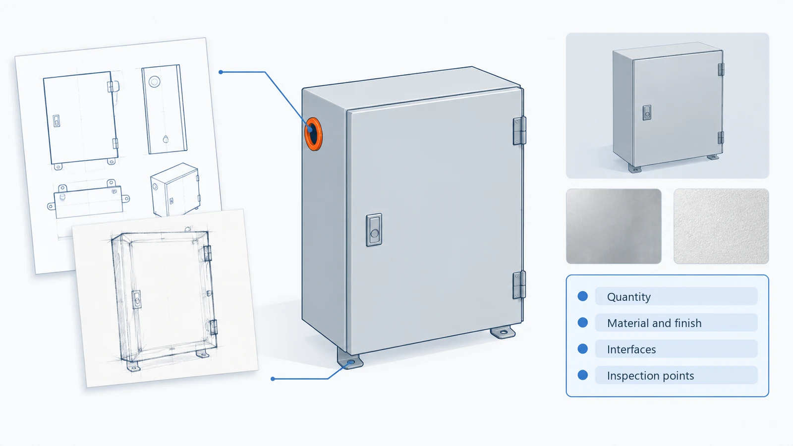 Enclosure inquiry materials including a drawing, sketch, reference tile, finish swatches, and a requirements card.
