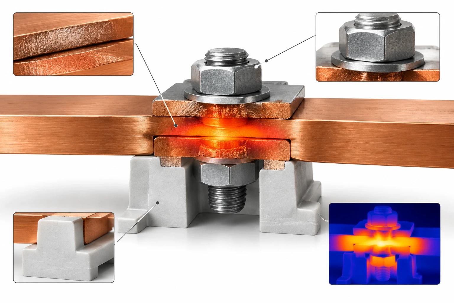 Conceptual heat highlight at a bolted copper busbar joint with a simulated thermal inset