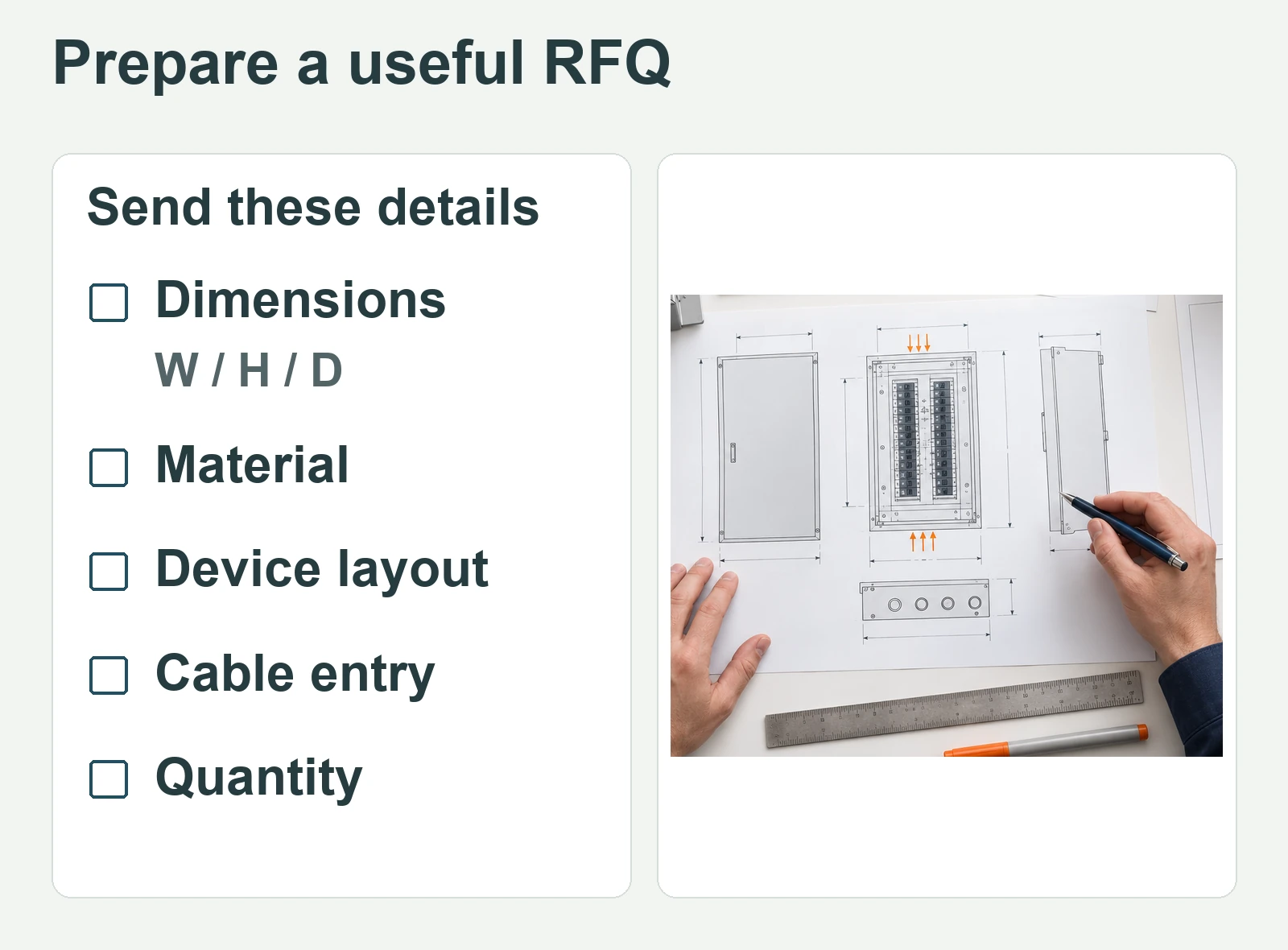 Readable RFQ checklist for dimensions, material, device layout, cable entry and quantity beside a cleaned engineering-drawing desk scene.