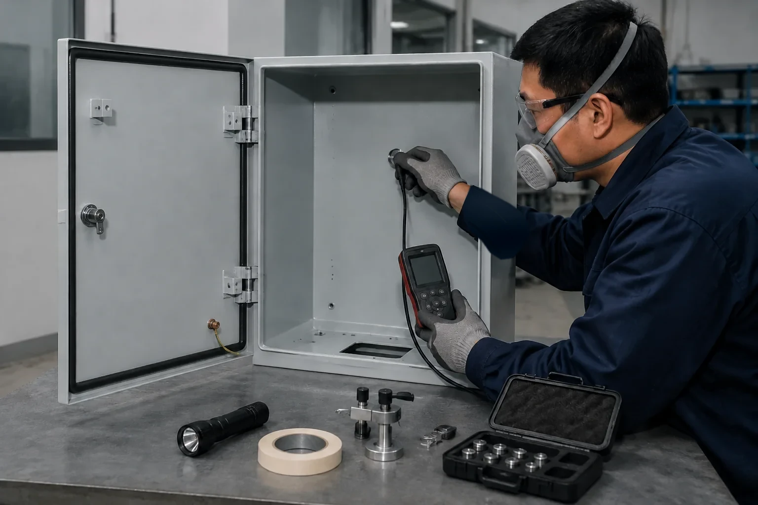 12-powder-coated-enclosure-complete-inspection Inspector checking coating thickness, edges, cutouts, welds, and masked grounding points inside an enclosure