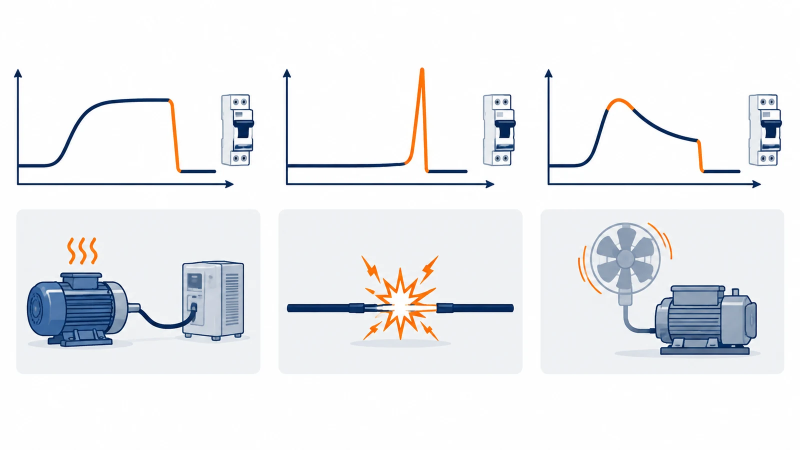 Illustrative current-over-time plots for overload, short-circuit, and motor-starting trip scenarios.