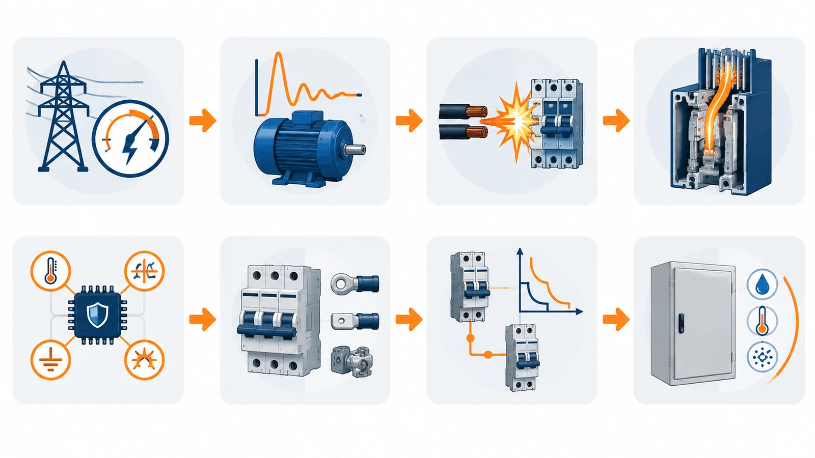 Eight-step circuit breaker selection workflow covering system conditions, fault duty, protection functions, and enclosure requirements.