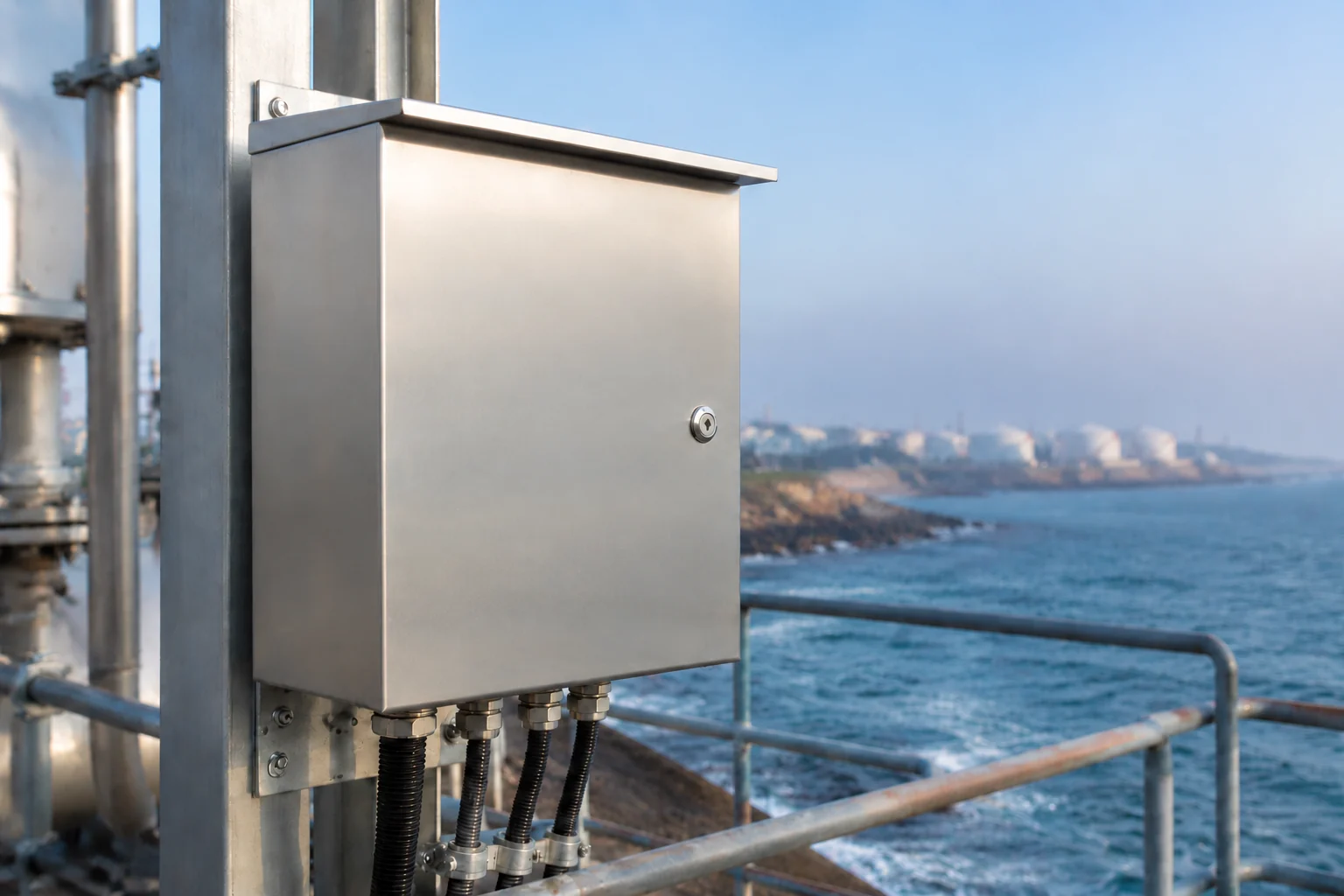 Metal waterproof enclosure with a rain hood and bottom cable glands installed in a coastal industrial environment.