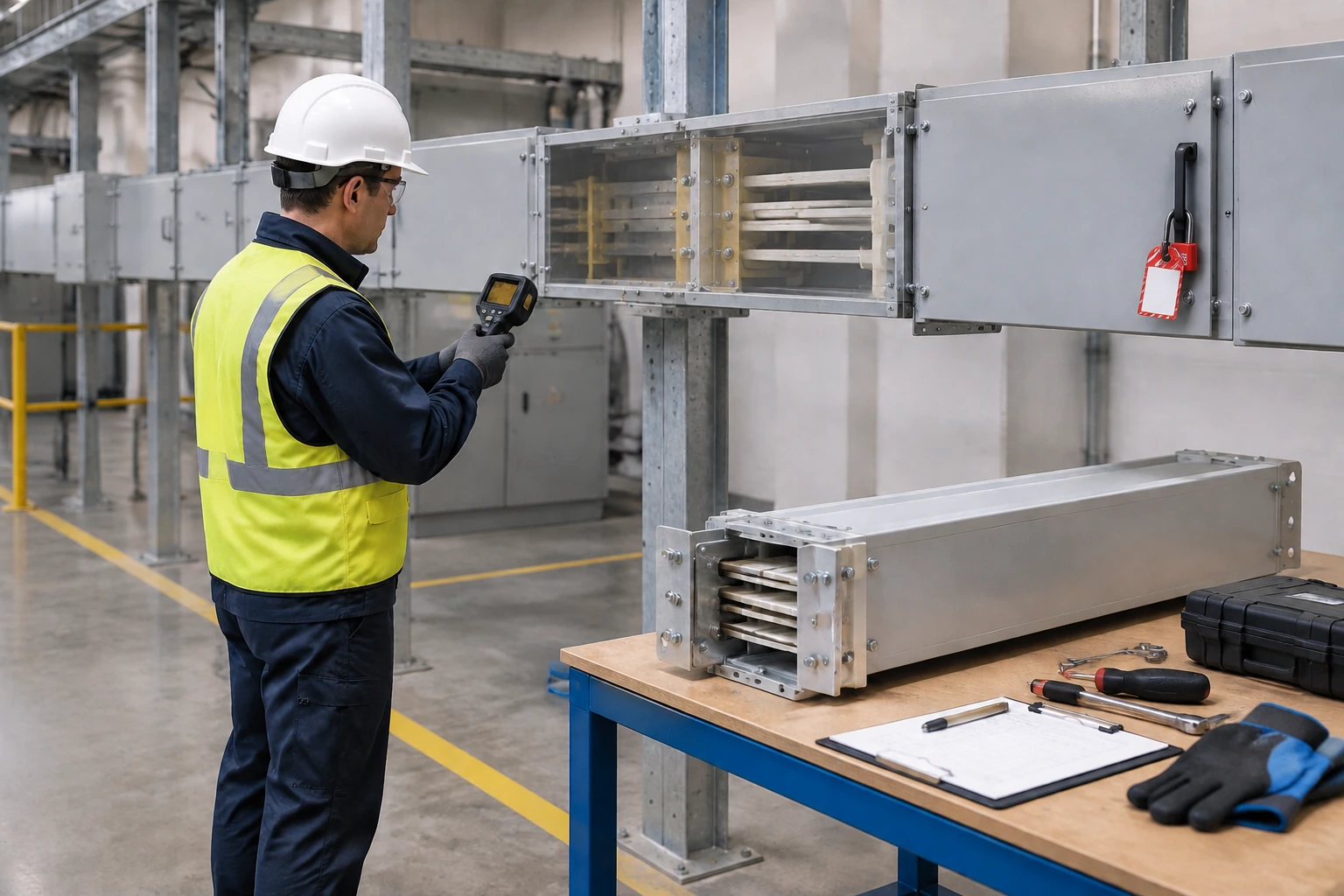Illustrated technician beside a closed electrical cabinet with a covered busway section on a workbench