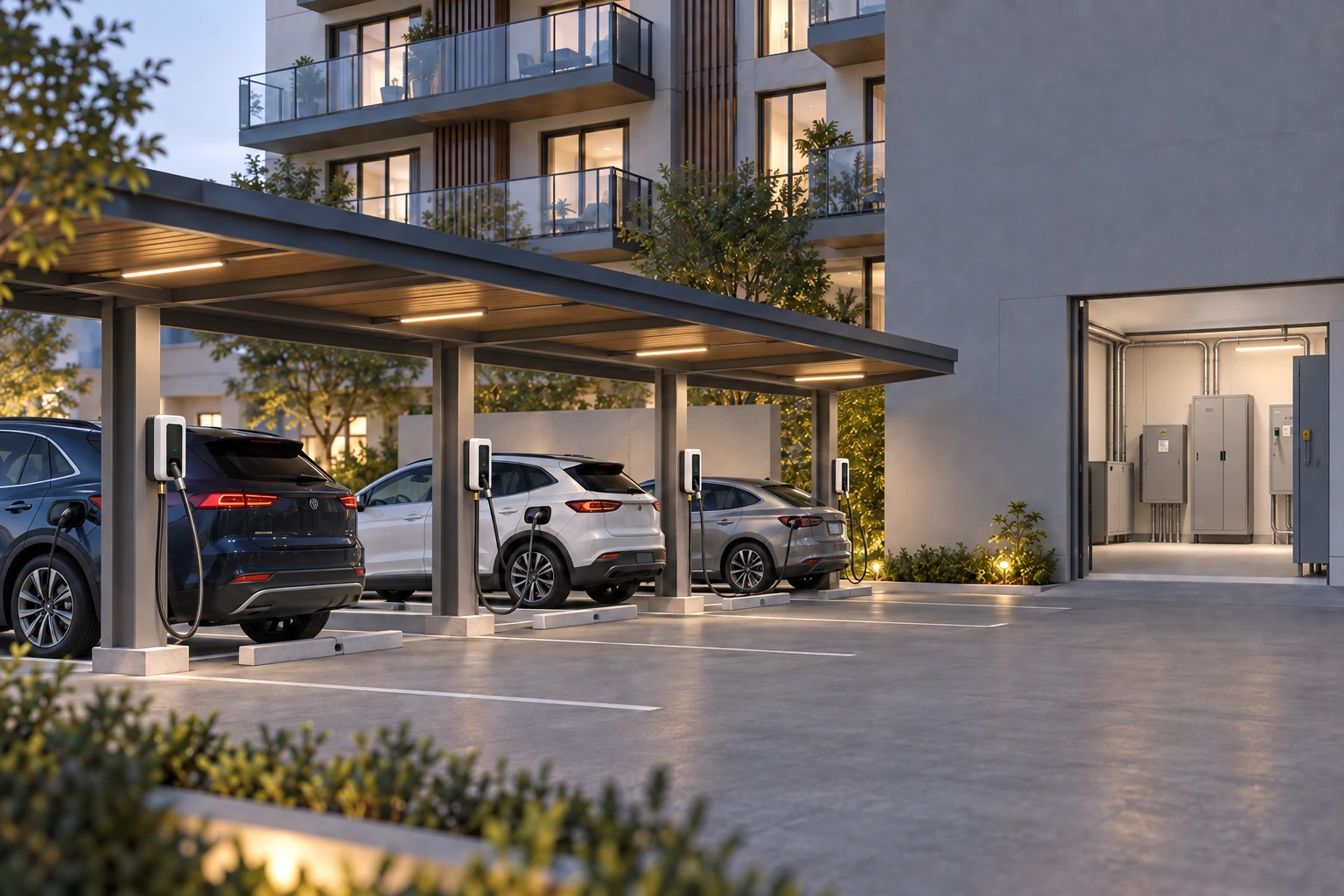 Multifamily parking area with EV chargers and a building electrical room, used for general EV load-planning context.