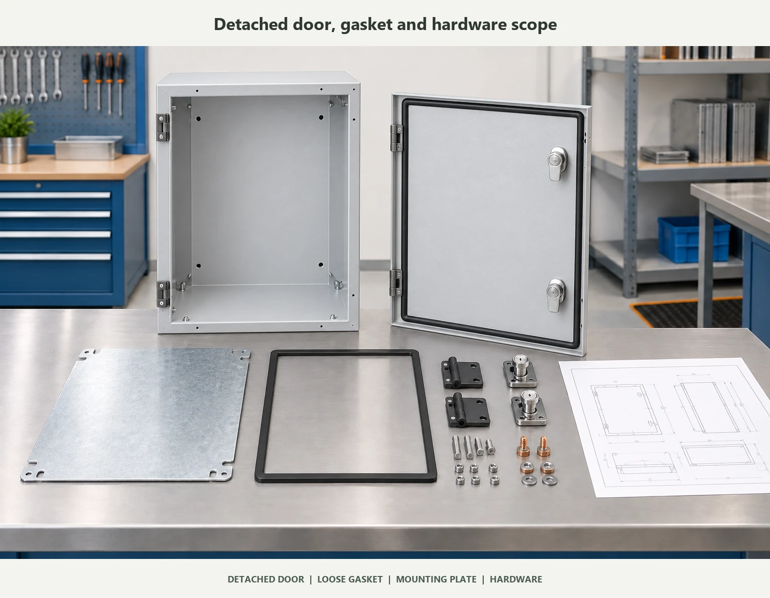Detached light-gray enclosure door with locks, separate black gasket, mounting plate and hardware on a workbench