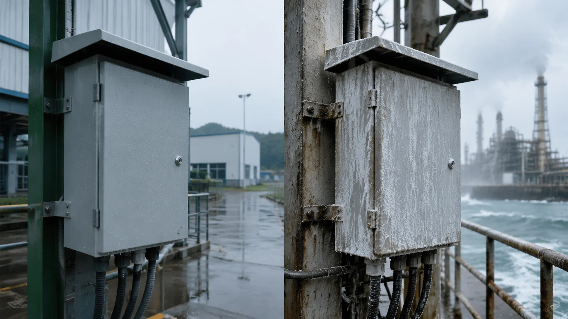 13-outdoor-enclosure-inland-coastal-chemical-exposure Outdoor electrical enclosures compared in mild inland and harsh coastal industrial exposure conditions