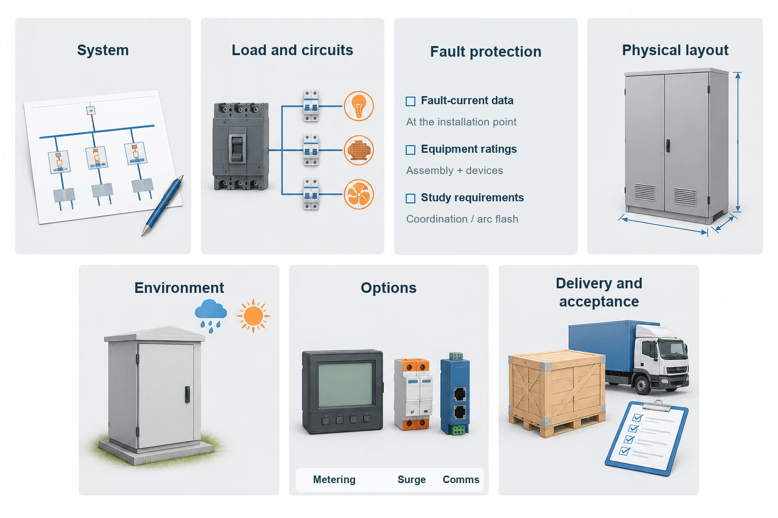 Seven RFQ categories with a fault-protection checklist and clearly labeled metering, surge and communications options.