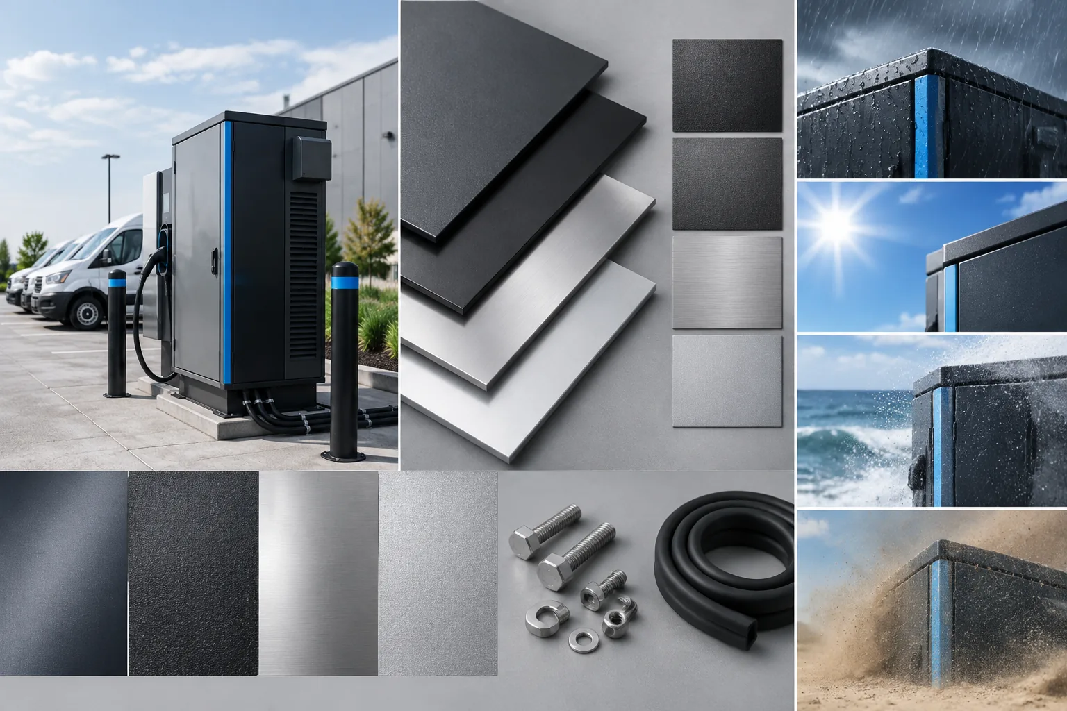 Sheet-metal finish and material samples beside an outdoor EV charging cabinet