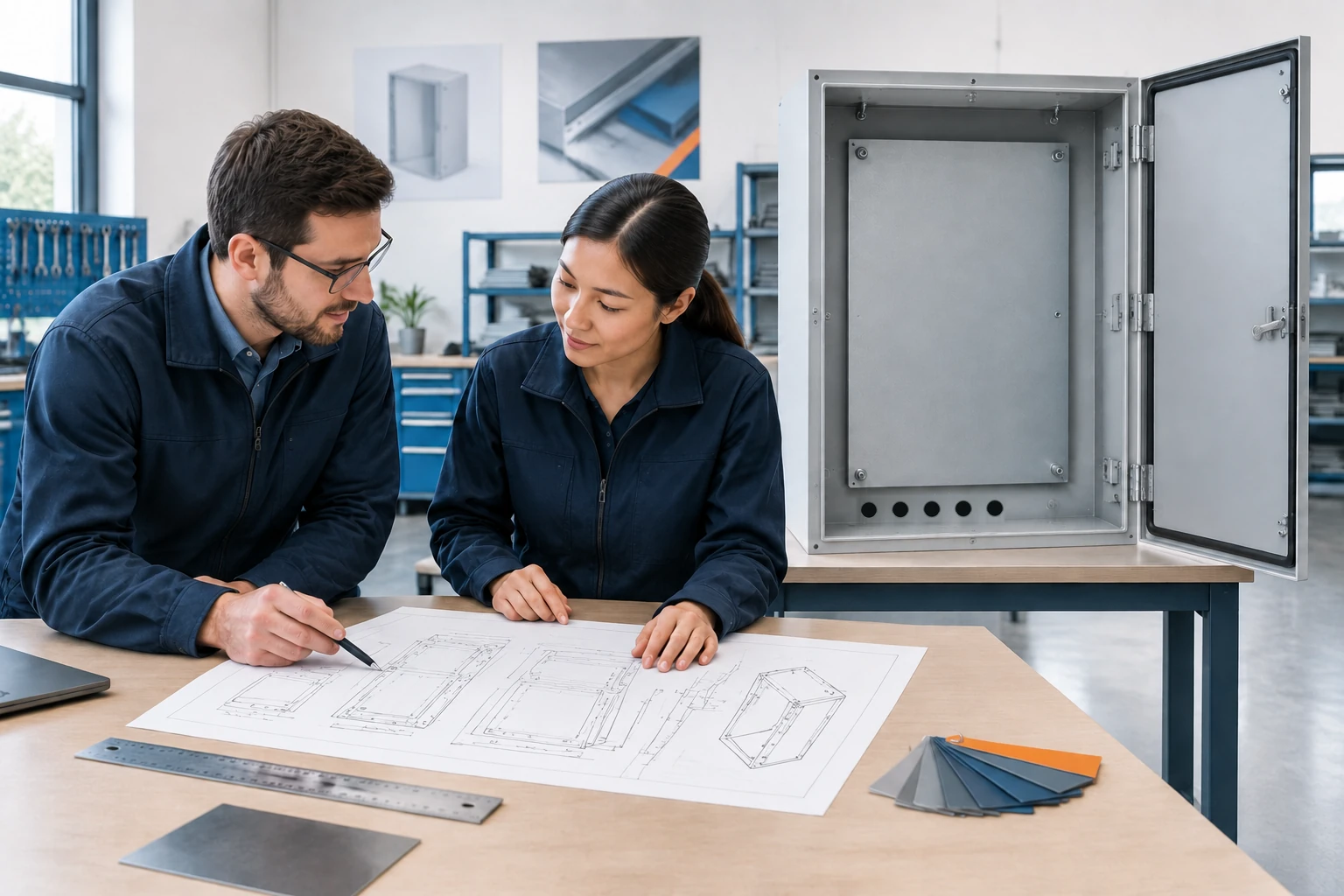 AI illustration of two people reviewing enclosure sketches beside an empty cabinet with five separate round openings and an open hinged door.