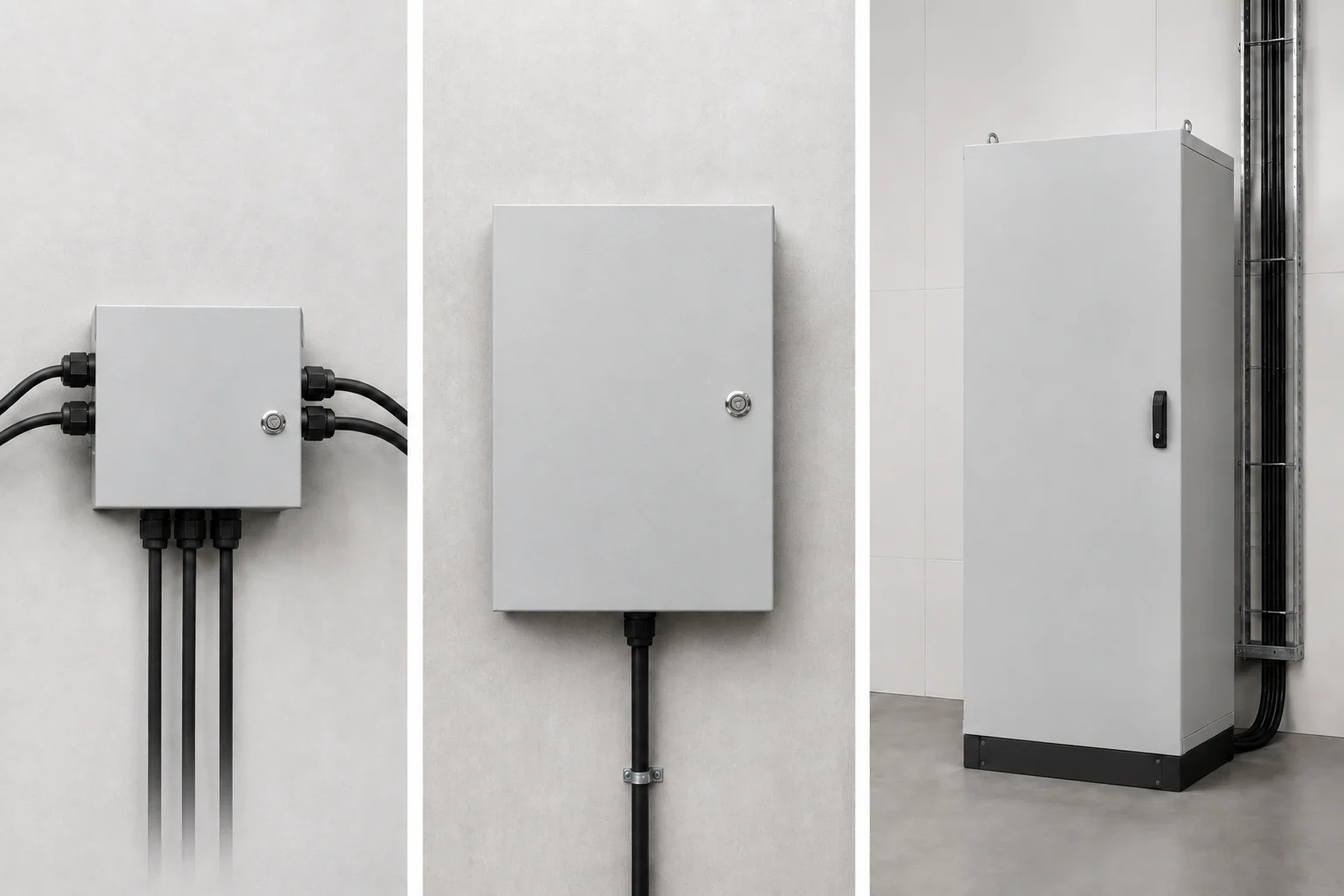Size and installation comparison of a compact junction box, wall-mounted enclosure, and floor-standing electrical cabinet.