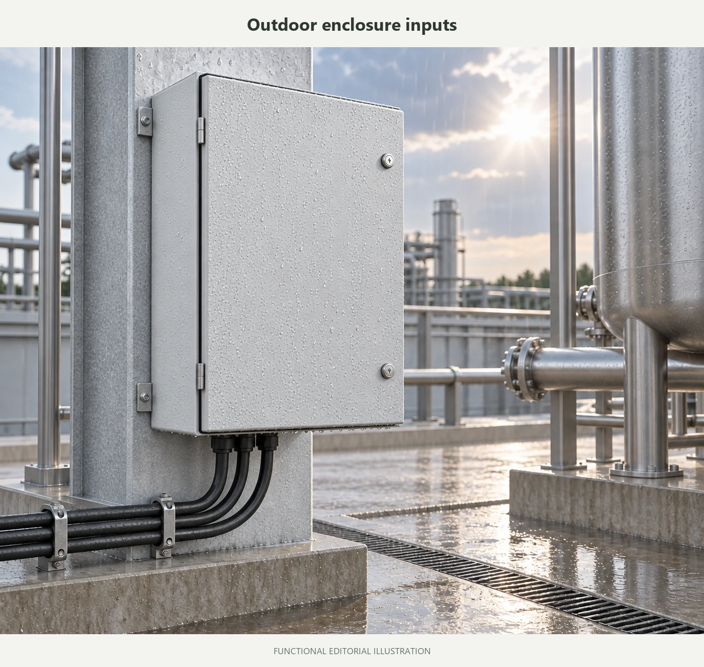 Light-gray outdoor electrical enclosure with rain exposure and bottom cable entry